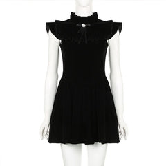 Ruffle bowknot cap sleeve zip-up velvet mini dress