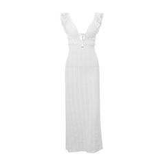 V neck hollow out self tie ruffle cut out maxi dress