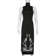 High neck slit abstract contrast midi dress