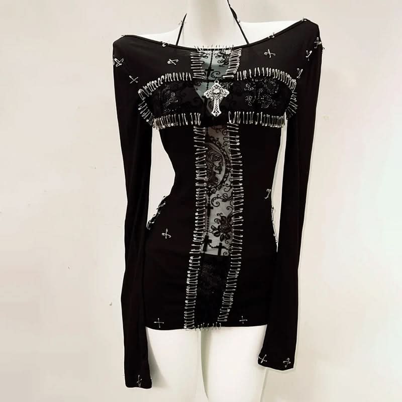 3 piece long sleeve halter cross applique top