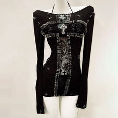 3 piece long sleeve halter cross applique top