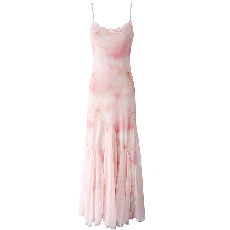 U neck lace hem flower print mesh cami maxi dress