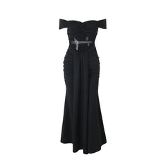 Off shoulder mesh patchwork ruched maxi dress