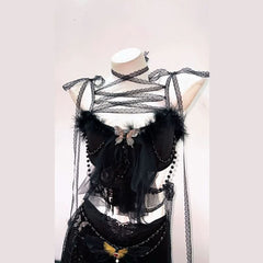 Feather butterfly applique ruched self tie mini skirt set