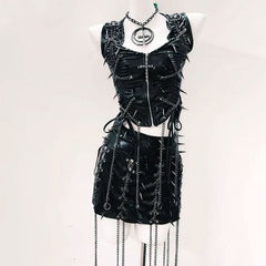 Zip-up v neck metal chain PU leather ruched mini skirt set