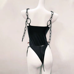 O ring metal chainv neck rivet applique bodysuit