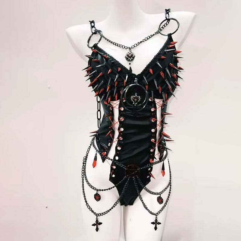 O ring metal chainv neck rivet applique bodysuit