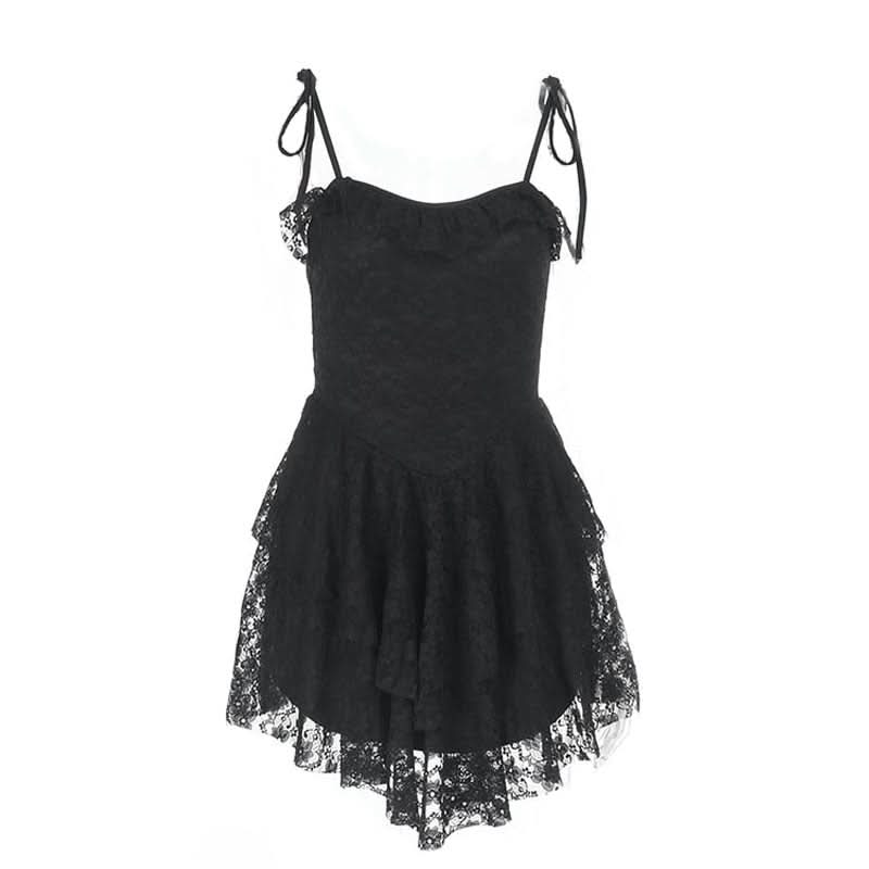 Lace hem ruched self tie backless cami mini dress