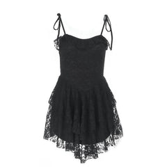 Lace hem ruched self tie backless cami mini dress