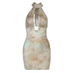 Halter self tie hollow out print beaded cut out mini dress