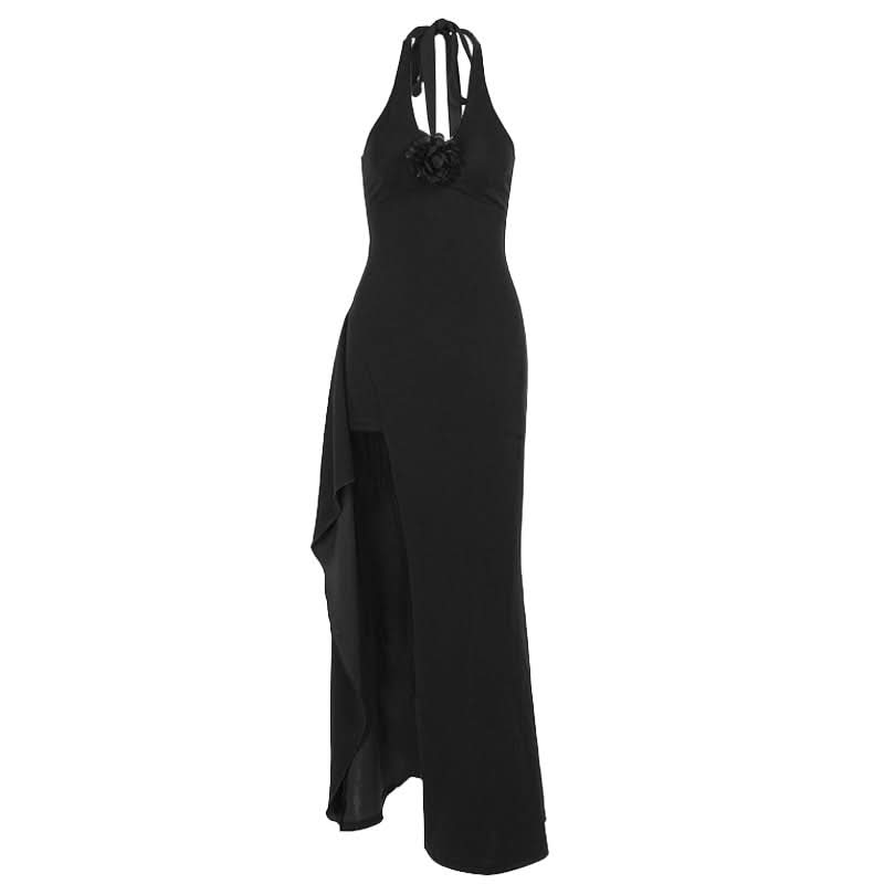 Slit halter self tie flower applique zip-up maxi dress