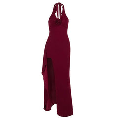 Slit halter self tie flower applique zip-up maxi dress