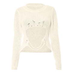 Long sleeve hollow out crewneck knitted cut out top