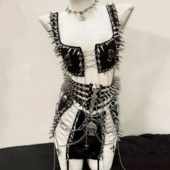 PU leather metal chain skull applique belt top