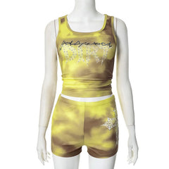 U neck contrast cross print short pant set