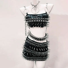 O ring rivet PU leather metal chain belt top