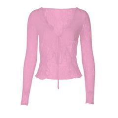 V neck long sleeve lace self tie top