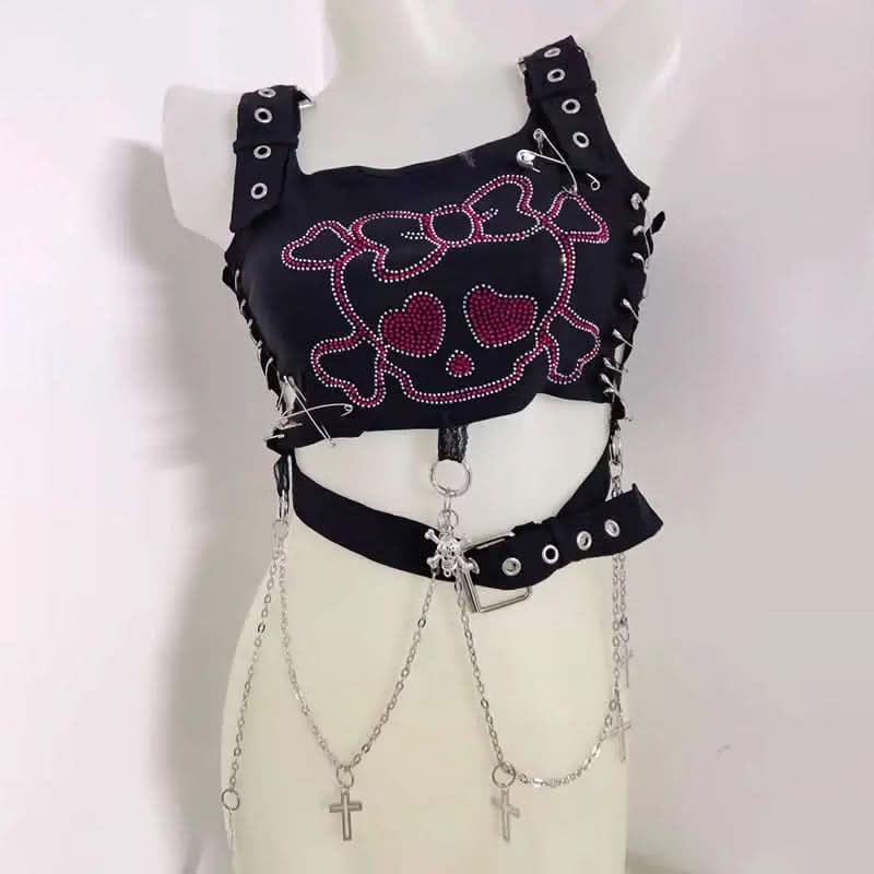 Square neck metal chain o ring skull pattern top
