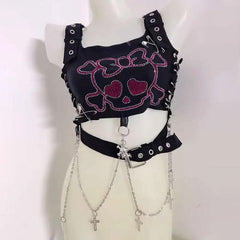 Square neck metal chain o ring skull pattern top