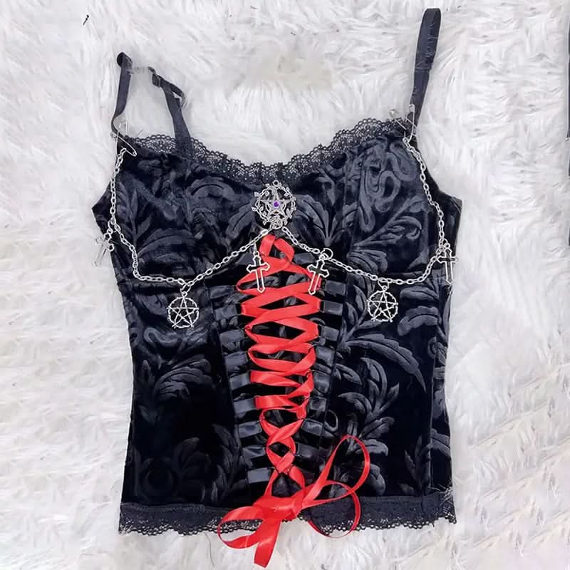 Lace hem metal chain lace up v neck cami top