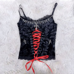 Lace hem metal chain lace up v neck cami top