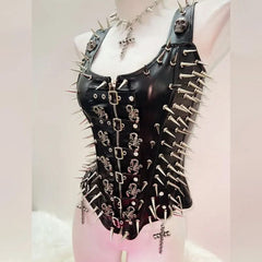 Zip-up u neck buckle skull applique tank top
