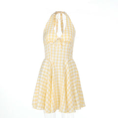 Halter v neck plaid backless mini dress