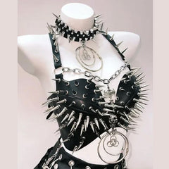 O ring rivet applique metal chain PU leather top