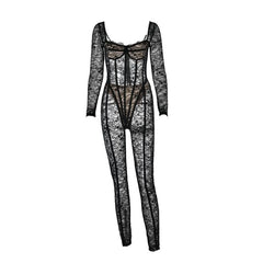 Long sleeve lace see through v neck zip-up jumpsuit