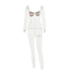 Long sleeve lace see through v neck zip-up jumpsuit