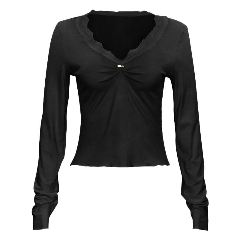 Lace hem long sleeve v neck ruched top