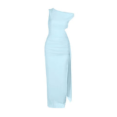 Off shoulder mesh slit ruched maxi dress