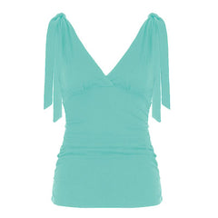Ruched deep V neck solid self tie tank top