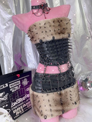 Fluffy metal chain rivet PU leather tube mini skirt set