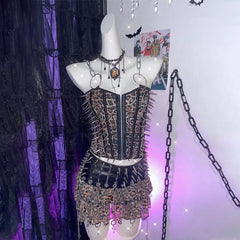 Leopard print rivet o ring button corset top
