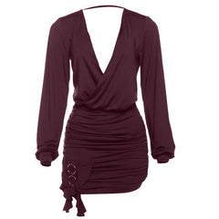 V neck long sleeve o ring ruched mini dress