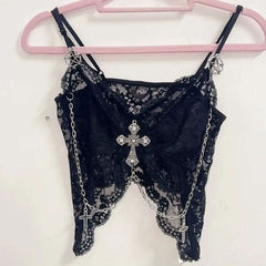 Lace metal chain cross applique v neck cami top