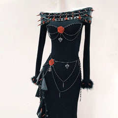 Long sleeve off shoulder irregular flower applique maxi dress
