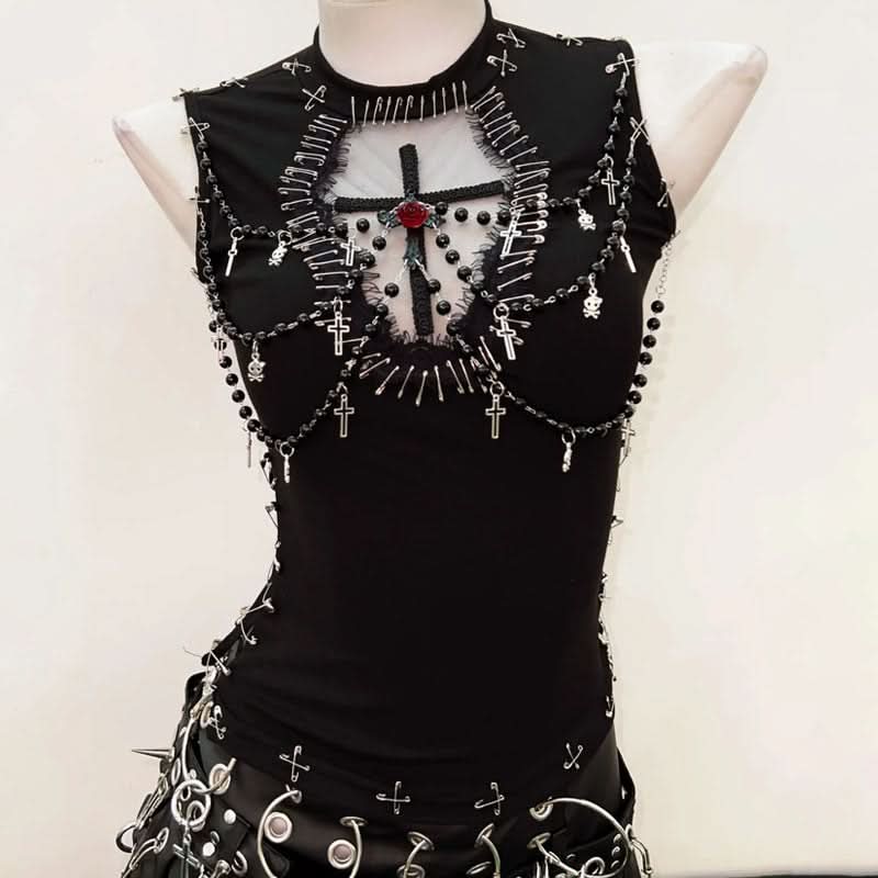 Crewneck beaded flower applique sleeveless top