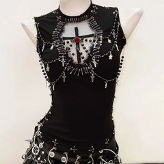 Crewneck beaded flower applique sleeveless top