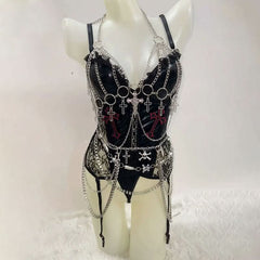 V neck metal chain o ring ruffle cami bodysuit