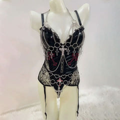 V neck metal chain o ring ruffle cami bodysuit