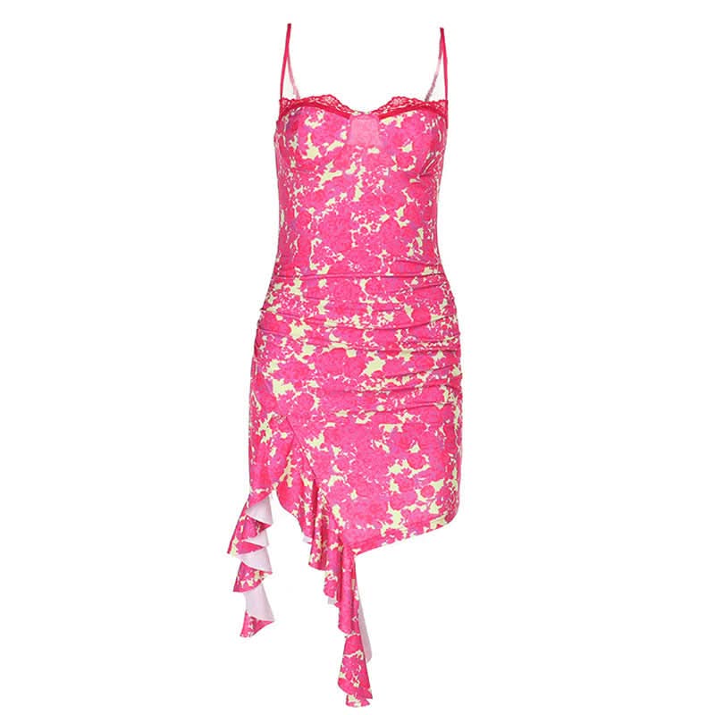 Irregular ruched lace hem print slit cami mini dress