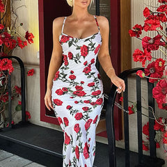 Cross back self tie flower print v neck cami maxi dress