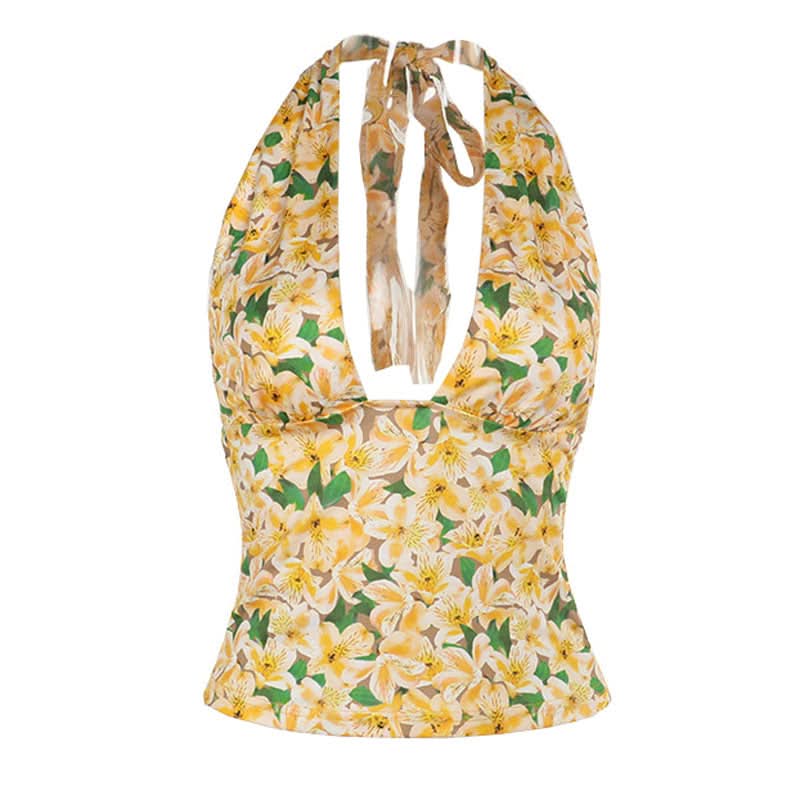 Halter self tie flower print backless top