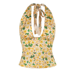 Halter self tie flower print backless top