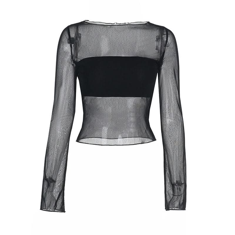 Long sleeve mesh crewneck solid top