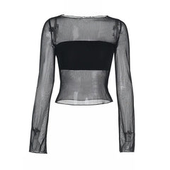 Long sleeve mesh crewneck solid top
