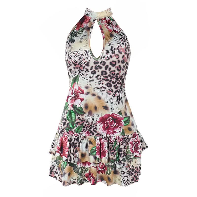 Leopard print hollow out halter self tie cut out mini dress