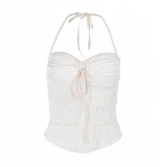 Ruffle halter self tie v neck backless top